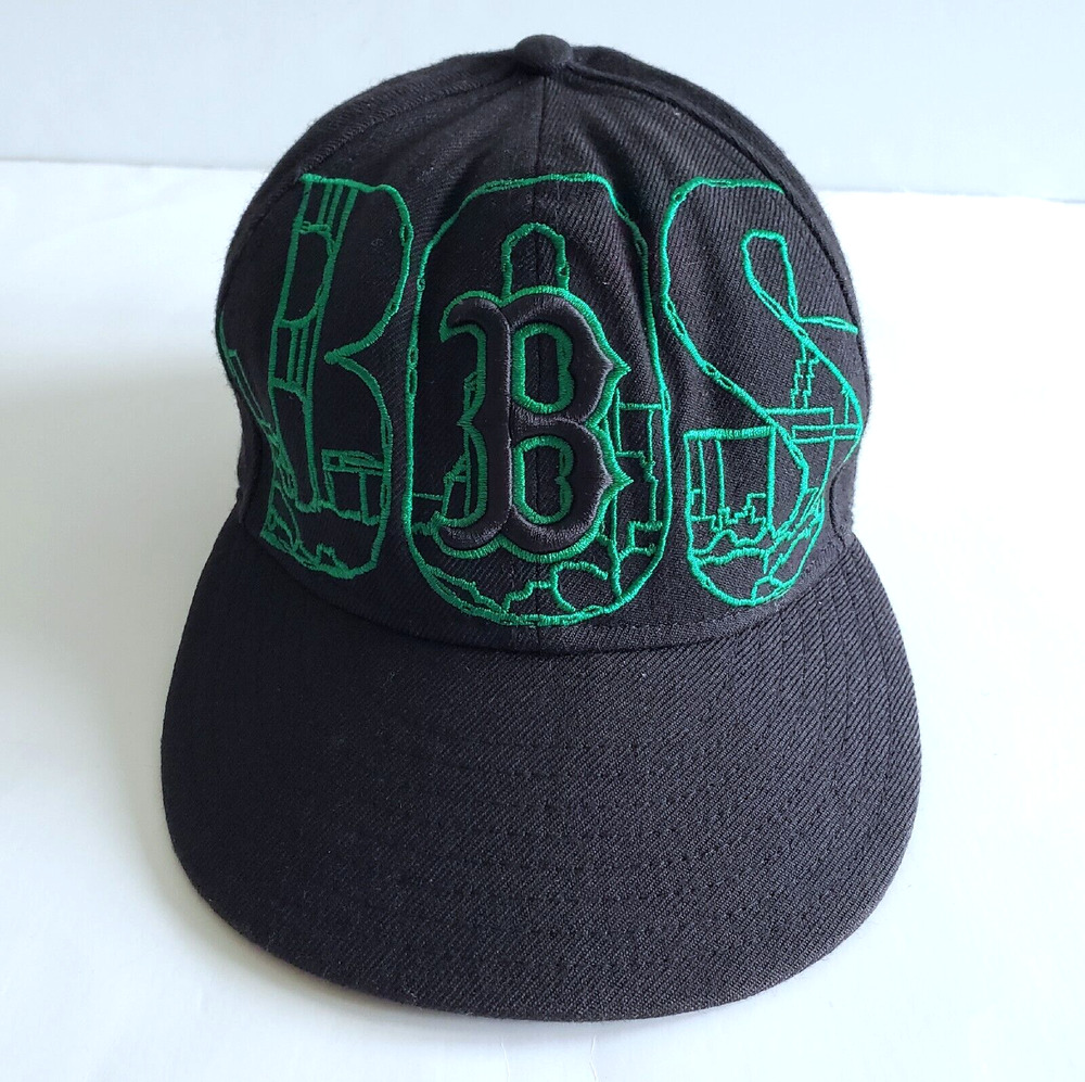 New Era Boston Red Sox Baseball Hat Black Green Cityscape Fitted Cap Size 7 1/4